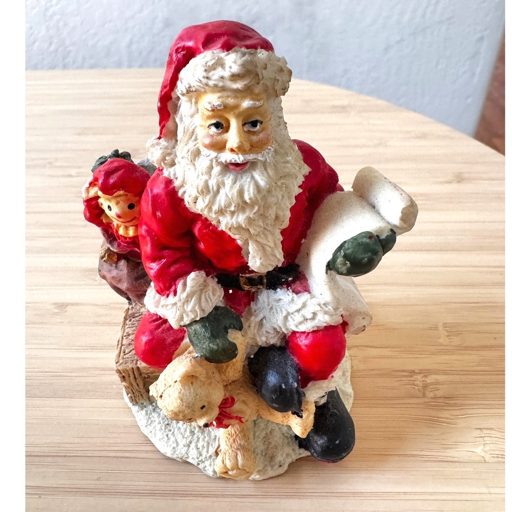 Vintage Hand Painted Santa Claus Figurine Toy Sack Scroll Christmas Decor 5"
